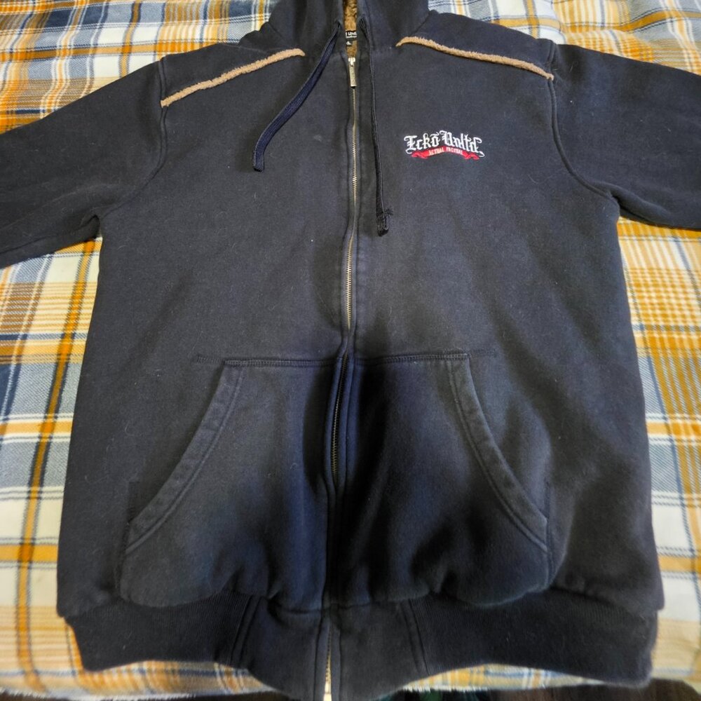 Vintage black Ecko Unltd XL zip up hoodie with brown faux lining/fur